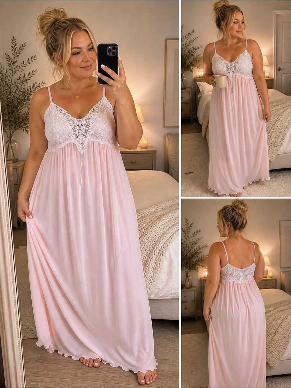 Rare Miss Elaine Pale Pink Lace-Trim Maxi Nightgown